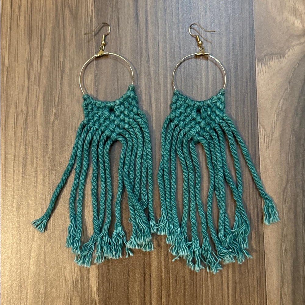 Teal Macrame Long Large Lightweight Corded Fringe Goldtone Hoop Duster Earrings